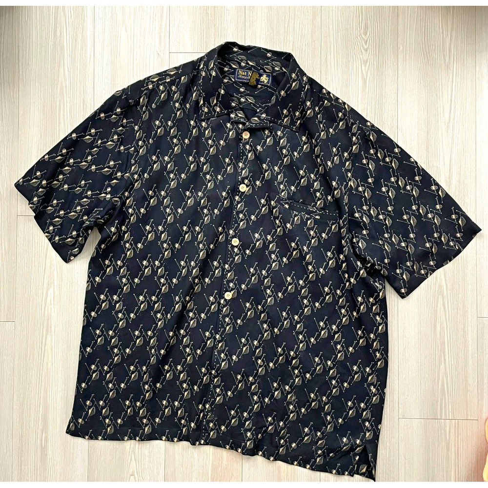 Nat Nast Luxury Originals Limited Edition Silk Geometric SS Shirt Sz L Preppy